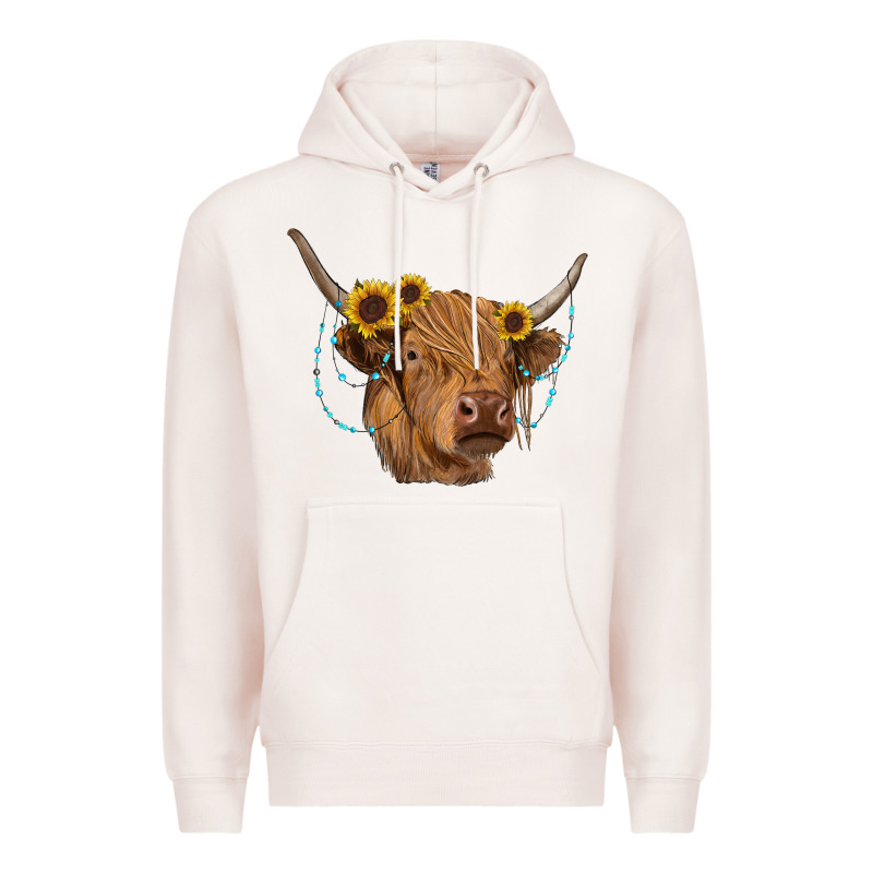 Highland Cow With Sunflowers Turquoise Premium Hoodie by RanaPortraitStore | Teevron