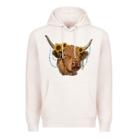Pale Pink highland cow with sunflowers turquoise Premium Hoodie - RanaPortraitStore