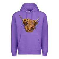 Purple highland cow with sunflowers turquoise Premium Hoodie - RanaPortraitStore