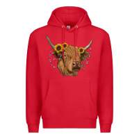 Red highland cow with sunflowers turquoise Premium Hoodie - RanaPortraitStore