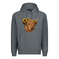Rock highland cow with sunflowers turquoise Premium Hoodie - RanaPortraitStore