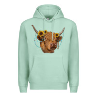 Seafoam highland cow with sunflowers turquoise Premium Hoodie - RanaPortraitStore
