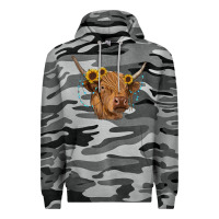 Slate Camo highland cow with sunflowers turquoise Premium Hoodie - RanaPortraitStore