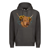 Smoke highland cow with sunflowers turquoise Premium Hoodie - RanaPortraitStore