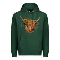 Sports Green highland cow with sunflowers turquoise Premium Hoodie - RanaPortraitStore