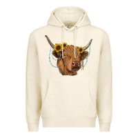 Tofu highland cow with sunflowers turquoise Premium Hoodie - RanaPortraitStore