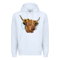 White highland cow with sunflowers turquoise Premium Hoodie - RanaPortraitStore