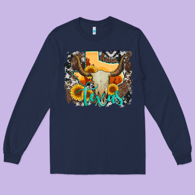 Western Texas  And Cowhide With Sunflower Long Sleeve Tee Designed By Artiststas