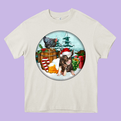 Christmas Pig With Chicken Heavy Core Tee Designed By Fadigitalartstudio