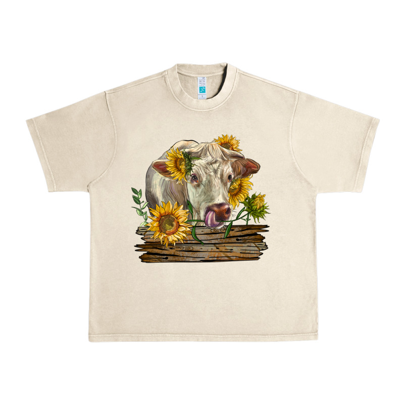 Charolais Cow With Sunflowers Urban Heavy Tee by LillyAllenDesigns | Teevron