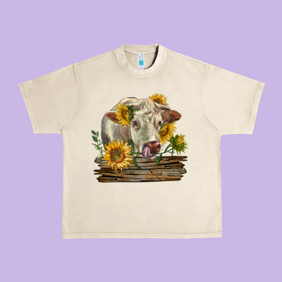 Charolais Cow With Sunflowers Urban Heavy Tee Designed By Lillyallendesigns
