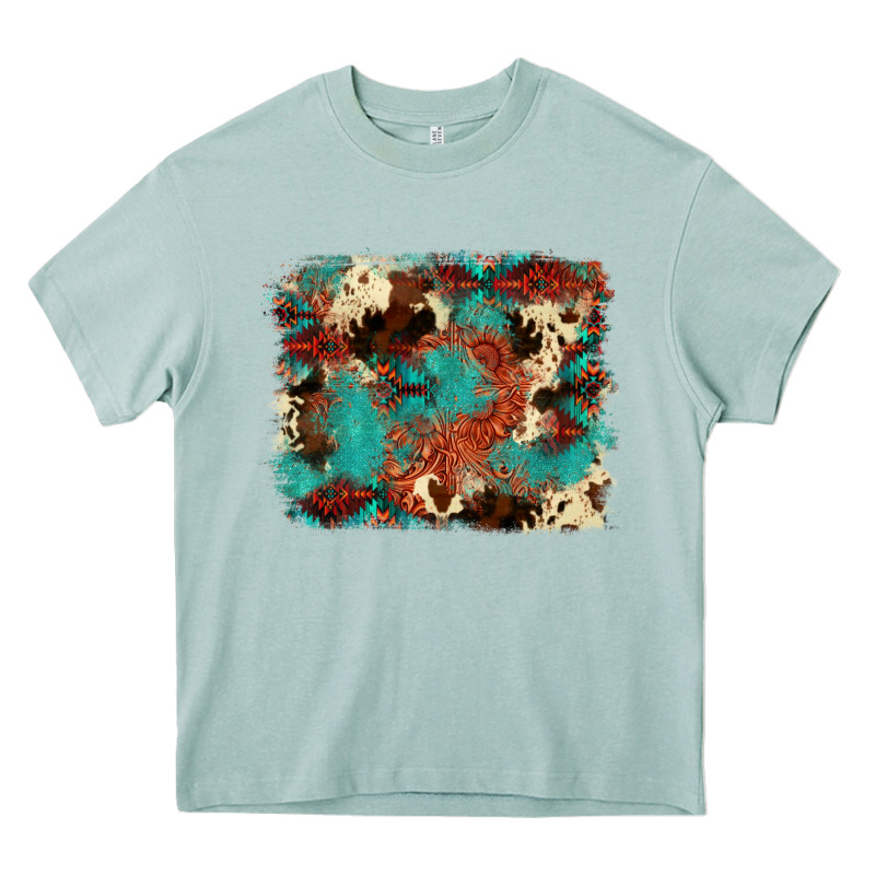 Aztec Turquoise Glitter Cowhide  Tooled Leather Ba Heavy Core Tee by FaDigitalArtStudio | Teevron