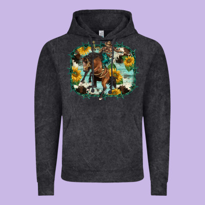 Western Rodeo Horse Cowhide Sunflowers Vintage Hoodie Designed By Barkaloodesign