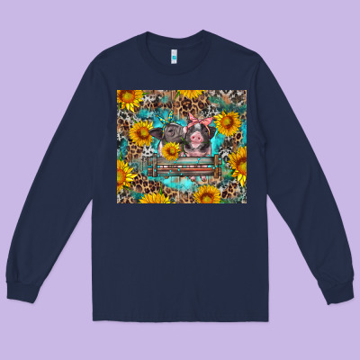 Baby Pigs With Leopard Cowhide And Sunflowers Long Sleeve Tee Designed By Artiststas