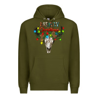 Army Green merry christmas bull skull Premium Hoodie - RanaPortraitStore