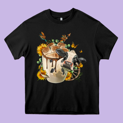 Black And White Cow Coffee Heavy Core Tee Designed By Fadigitalartstudio