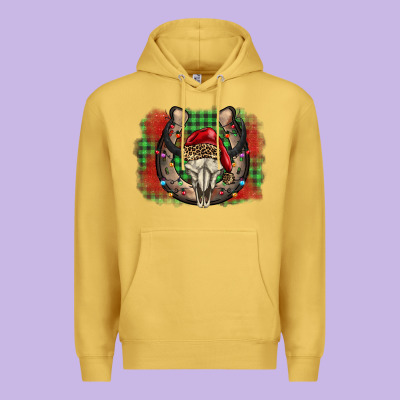 Christmas Horseshoe Bull Skull Premium Hoodie Designed By Barkaloodesign