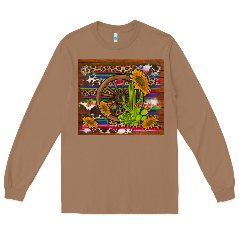 Cactus And Sunflowers With Old Wheel Serape Leopard Cowhide Background Long Sleeve Tee by Artiststas | Teevron