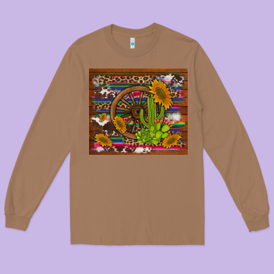 Cactus And Sunflowers With Old Wheel Serape Leopard Cowhide Background Long Sleeve Tee Designed By Artiststas