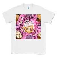 White cat coffee cups and paw with leopard and glitter seamless pattern bbs Classic Tee - BundleAndBundleShop