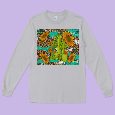 Cactus And Sunflowers Turquoise Leopard Cowhide Long Sleeve Tee Designed By Artiststas