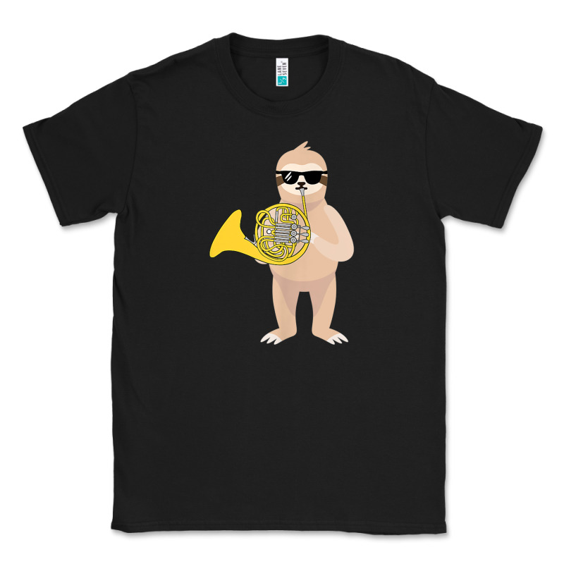 Funny Sloth Wearing Sunglasses Playing French Horn Classic Tee by linhVisuals | Teevron