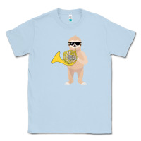 Dusty Blue funny sloth wearing sunglasses playing french horn Classic Tee - linhVisuals