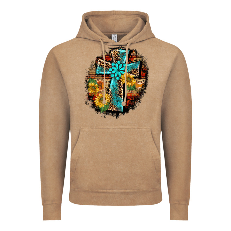 Western Turquoise's Leopard Cross  Wooden Aztek Sunflowers Background Vintage Hoodie by BarkalooDesign | Teevron