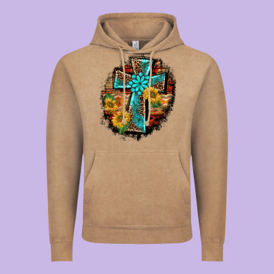 Western Turquoise's Leopard Cross  Wooden Aztek Sunflowers Background Vintage Hoodie Designed By Barkaloodesign