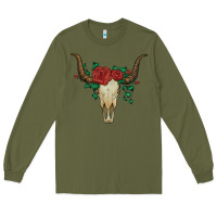 Army Green bull skull with roses Long Sleeve Tee - Artiststas