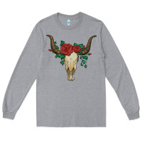 Heather Grey bull skull with roses Long Sleeve Tee - Artiststas