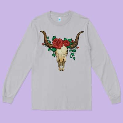 Bull Skull With Roses Long Sleeve Tee Designed By Artiststas