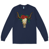 Navy bull skull with roses Long Sleeve Tee - Artiststas