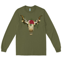 Army Green bull skull with rose and flowers Long Sleeve Tee - Artiststas