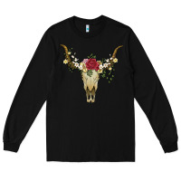 Black bull skull with rose and flowers Long Sleeve Tee - Artiststas