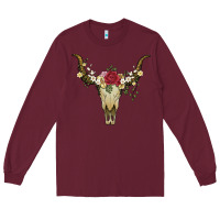 Burgundy bull skull with rose and flowers Long Sleeve Tee - Artiststas