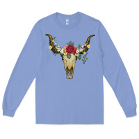 Colony Blue bull skull with rose and flowers Long Sleeve Tee - Artiststas