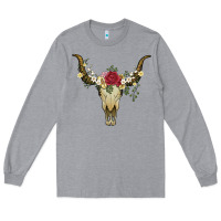Heather Grey bull skull with rose and flowers Long Sleeve Tee - Artiststas