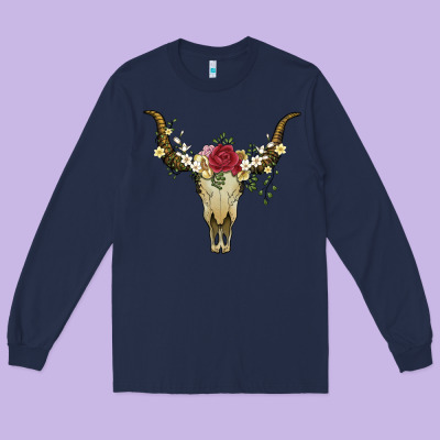 Bull Skull With Rose And Flowers Long Sleeve Tee Designed By Artiststas
