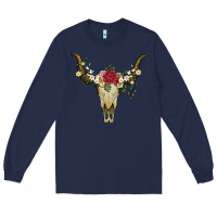 Navy bull skull with rose and flowers Long Sleeve Tee - Artiststas
