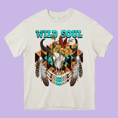 Wild Soul Bull Skull Heavy Core Tee Designed By Fadigitalartstudio