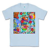 Dusty Blue hippie coffee cups and flowers and peace seamless pattern bbs Classic Tee - BundleAndBundleShop