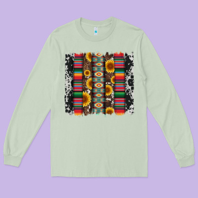 Cowhıde Aztec Serape Wıth Leopard And Sunflowers Brushstroke Long Sleeve Tee Designed By Artiststas