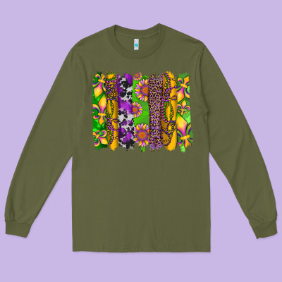 Mardi Gras Sunflower Fleur De Lis Leopard Cowhide Brushstrokes Long Sleeve Tee Designed By Artiststas
