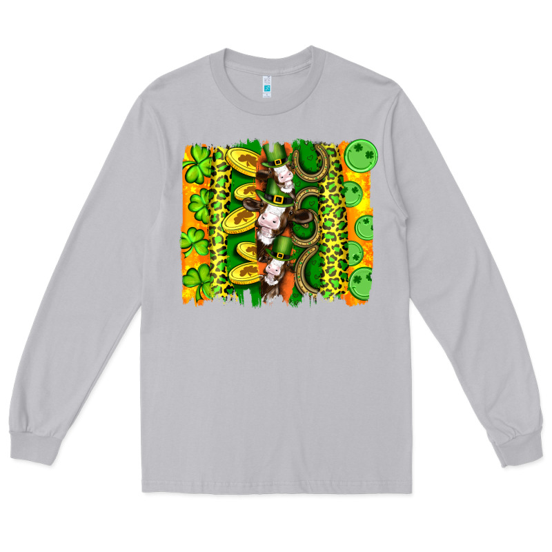 St Patricks Cow And Coin Wıth Clovers And Leopard Brushstrokes Long Sleeve Tee by Artiststas | Teevron