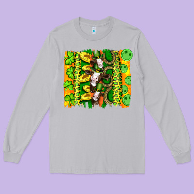 St Patricks Cow And Coin Wıth Clovers And Leopard Brushstrokes Long Sleeve Tee Designed By Artiststas
