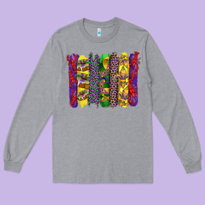 Mardi Gras Crawfish Cake And Mask With Leopar And Fleur De Lis Brushst Long Sleeve Tee Designed By Artiststas