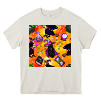 Cream halloween cat and witch seamless pattern Heavy Core Tee - BundleAndBundleShop