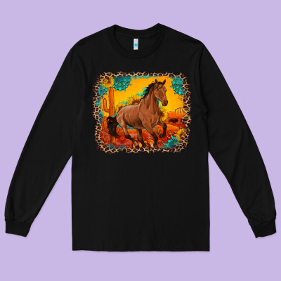 Horse With Sunflowers Turquoise Gemstone Western Sunset Leopard Backgr Long Sleeve Tee Designed By Artiststas