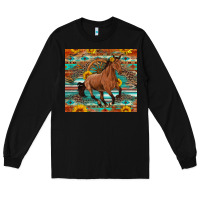 Black galloping horse aztec sunflower Long Sleeve Tee - Artiststas